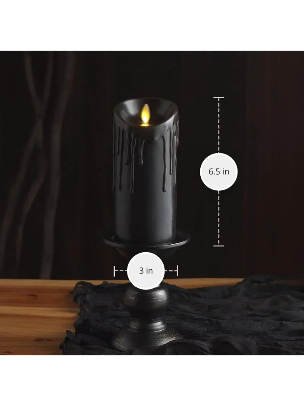 Black Wax Drip Flameless LED Candle - Battery Operated, Moving Flame, Timer